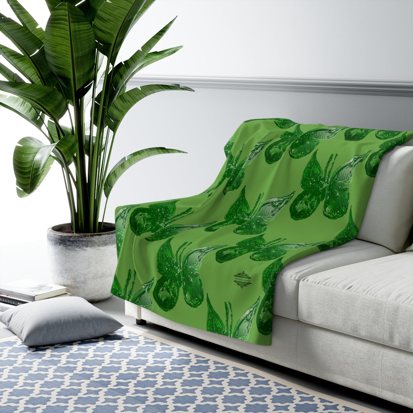 GREEN BUTTERFLIES ON GREEN SHERPA FLEECE BLANKET
