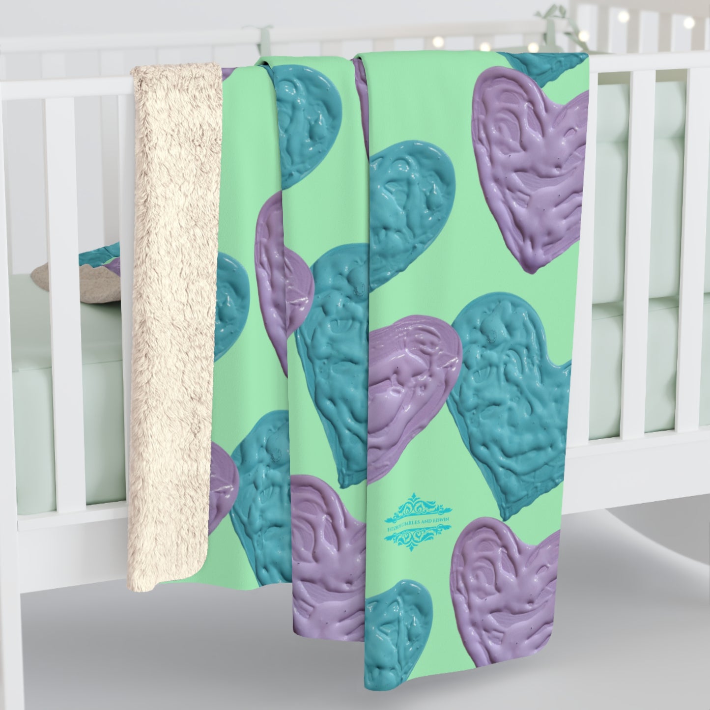 MINT GREEN SHERPA FLEECE PASTEL HEARTS BLANKET