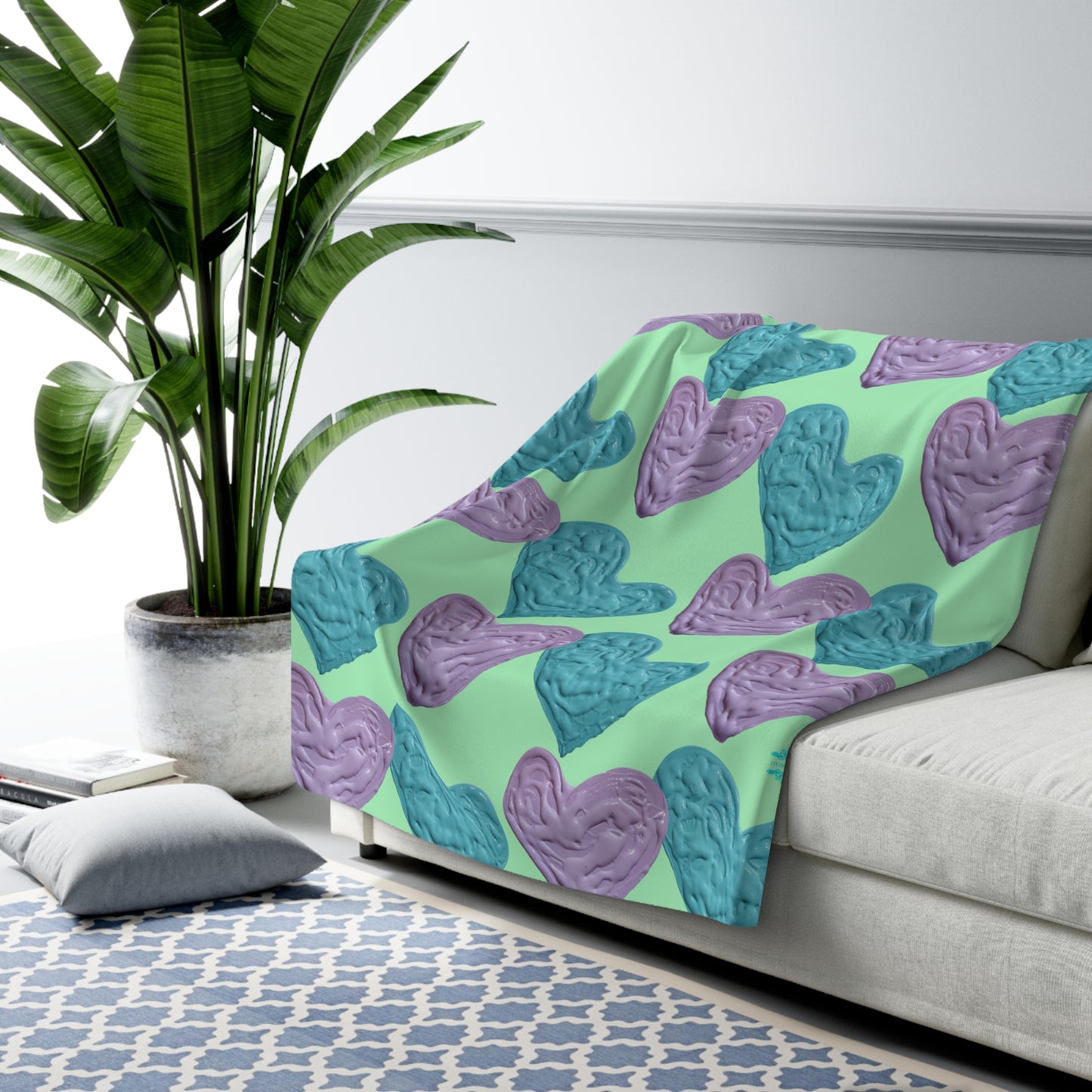 MINT GREEN SHERPA FLEECE PASTEL HEARTS BLANKET