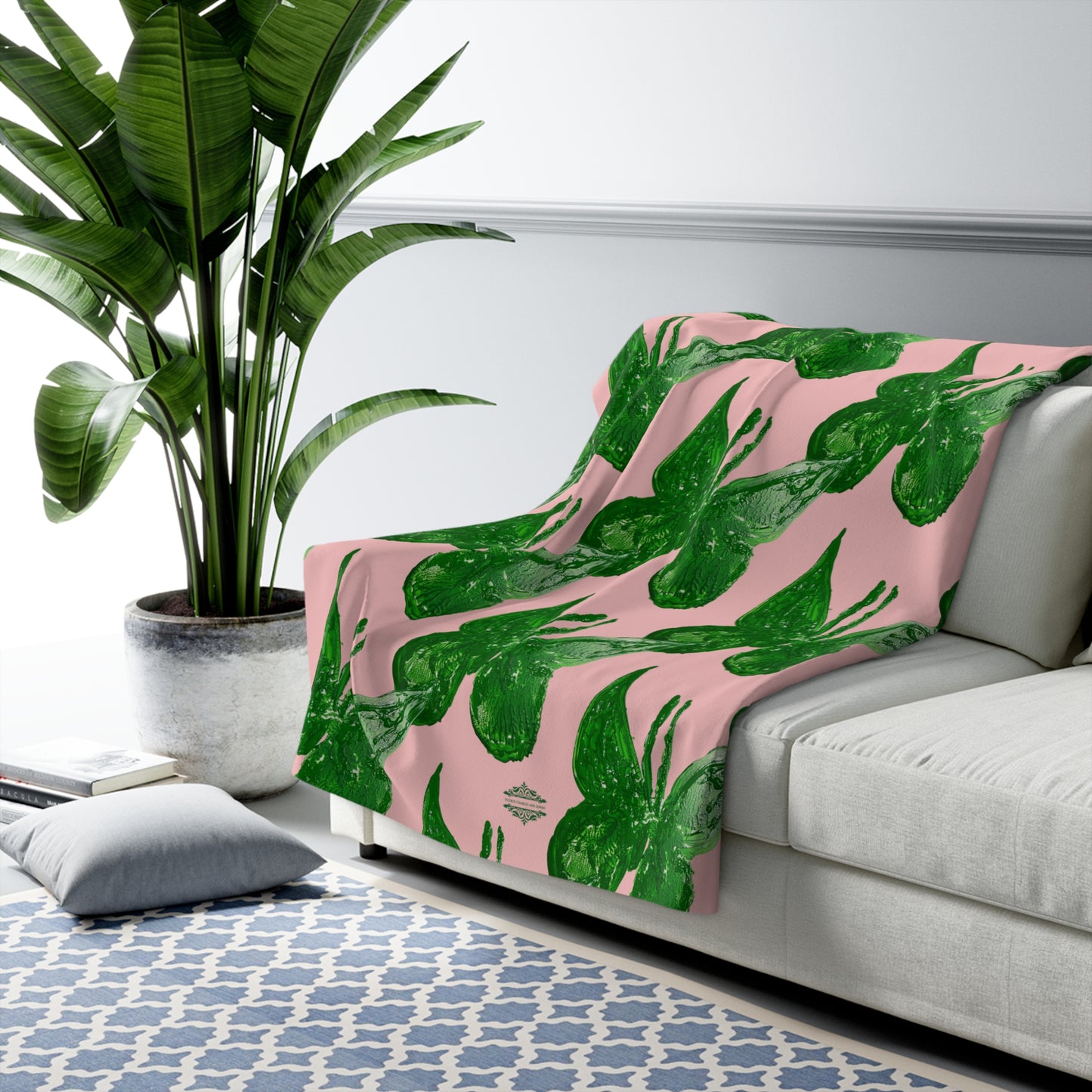 DUSTY PINK WITH GREEN BUTTERFLIES SHERPA FLEECE BLANKET