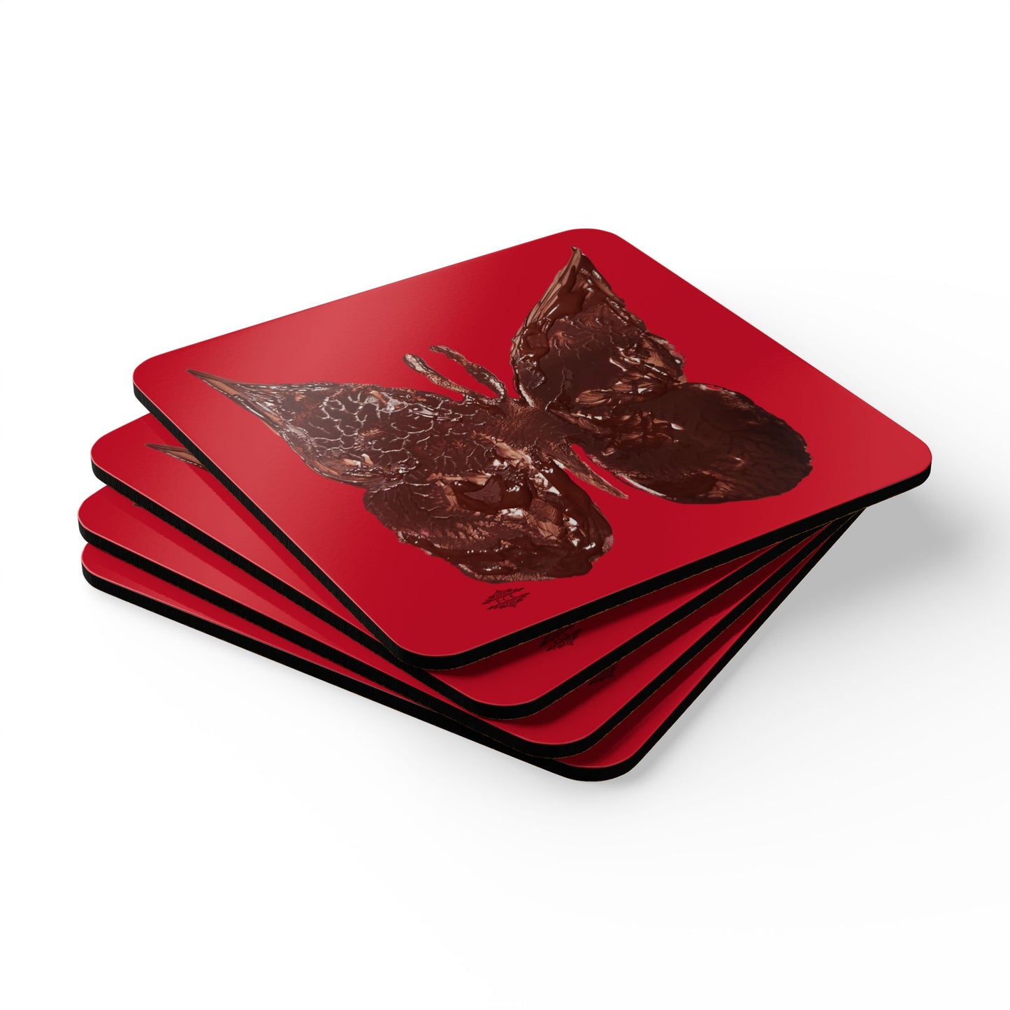 BROWN BUTTERFLY ON RED CORKWOOD COASTER SET