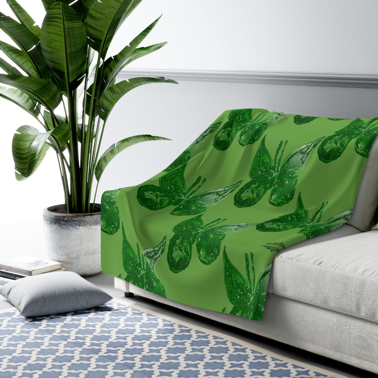 GREEN BUTTERFLIES ON GREEN SHERPA FLEECE BLANKET