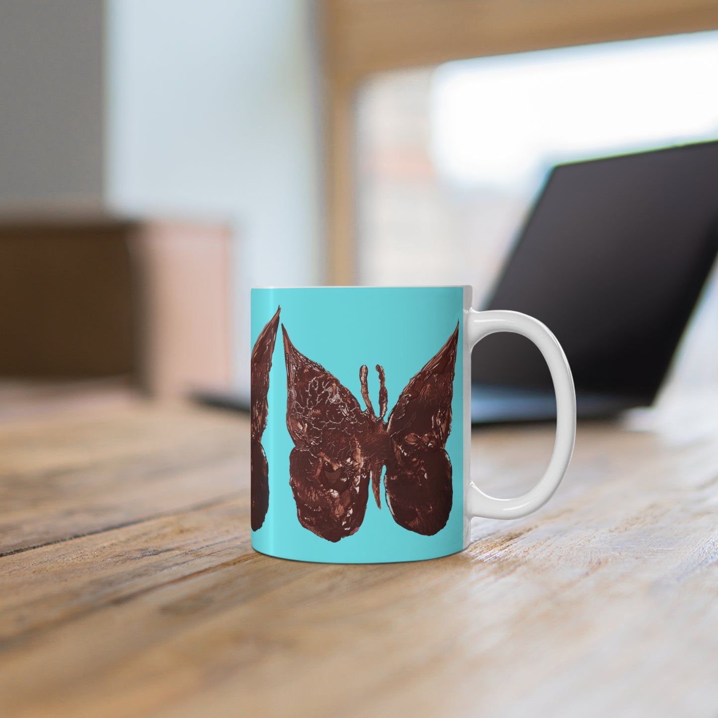 BRIGHT BLUE WITH BROWN BUTTERFLIES MUG