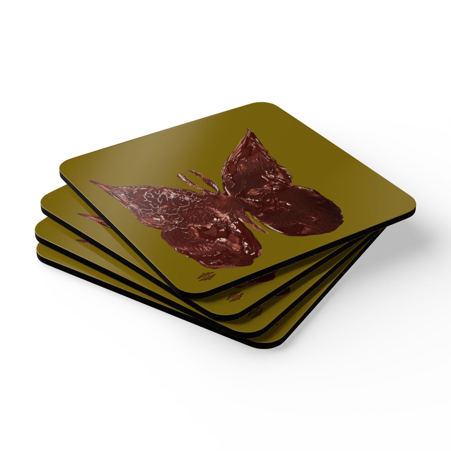 OLIVE WITH BROWN BUTTERFLY CORKWOOD COASTER SET