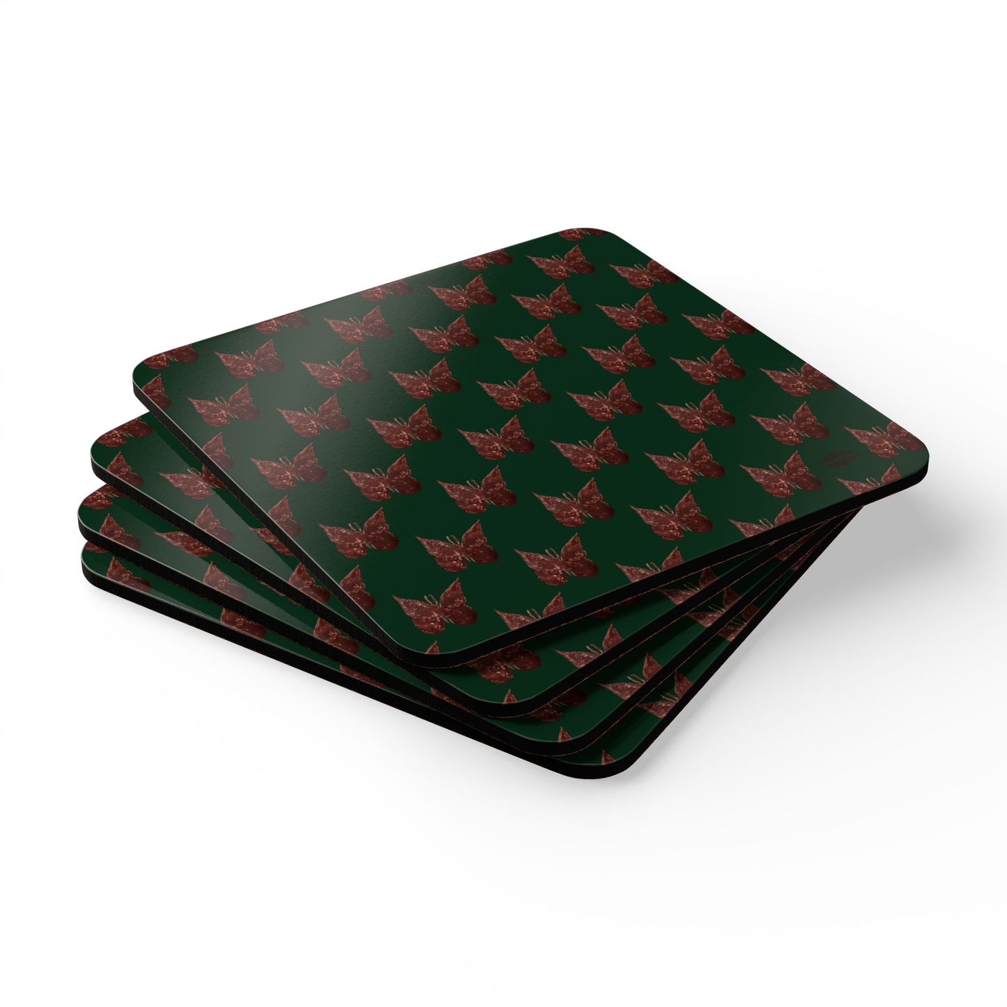 DARK GREEN WITH BROWN BUTTERFLIES CORKWOOD COASTERS