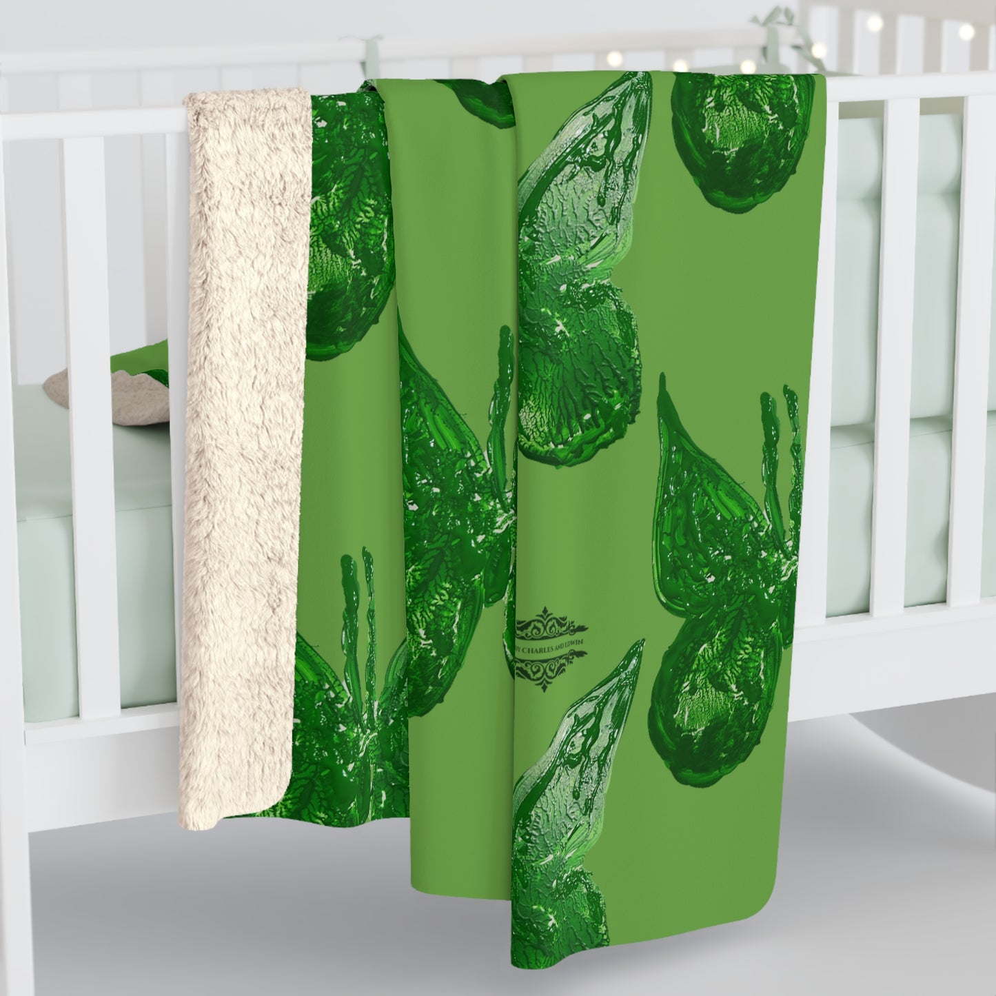 GREEN BUTTERFLIES ON GREEN SHERPA FLEECE BLANKET