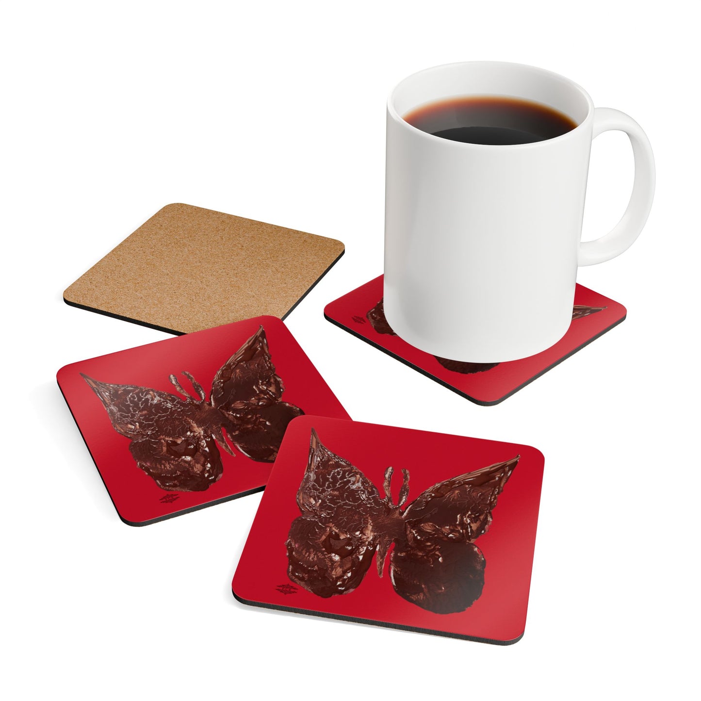 BROWN BUTTERFLY ON RED CORKWOOD COASTER SET