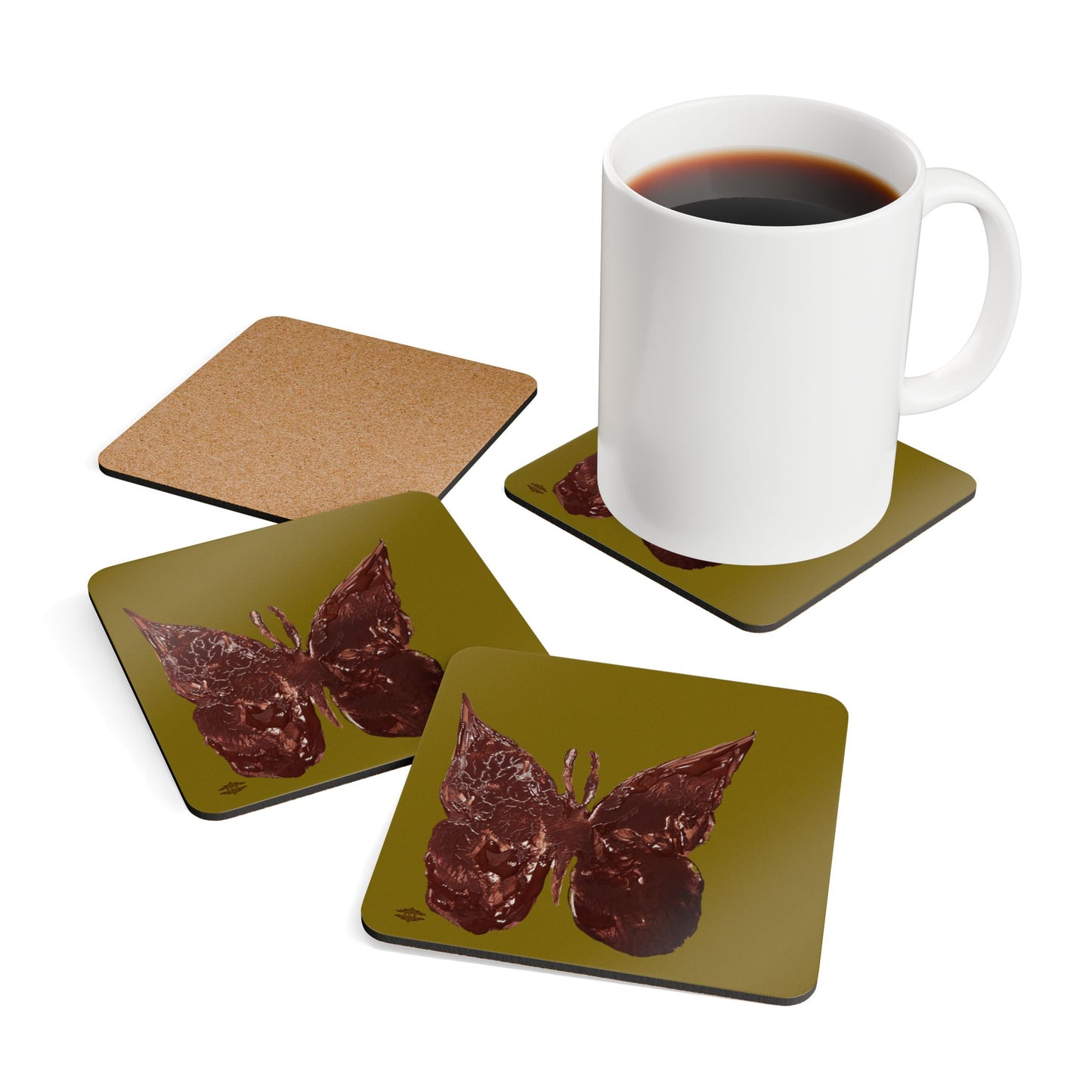 OLIVE WITH BROWN BUTTERFLY CORKWOOD COASTER SET