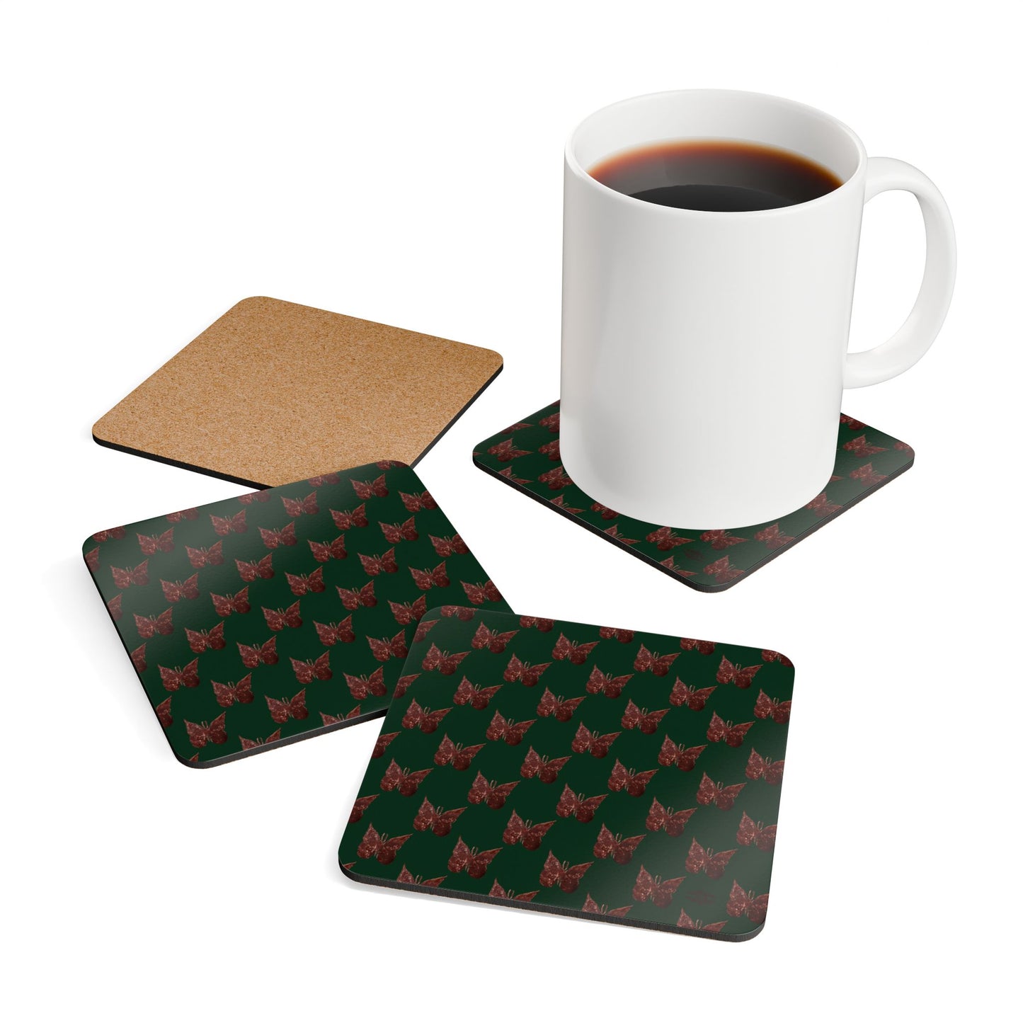 DARK GREEN WITH BROWN BUTTERFLIES CORKWOOD COASTERS