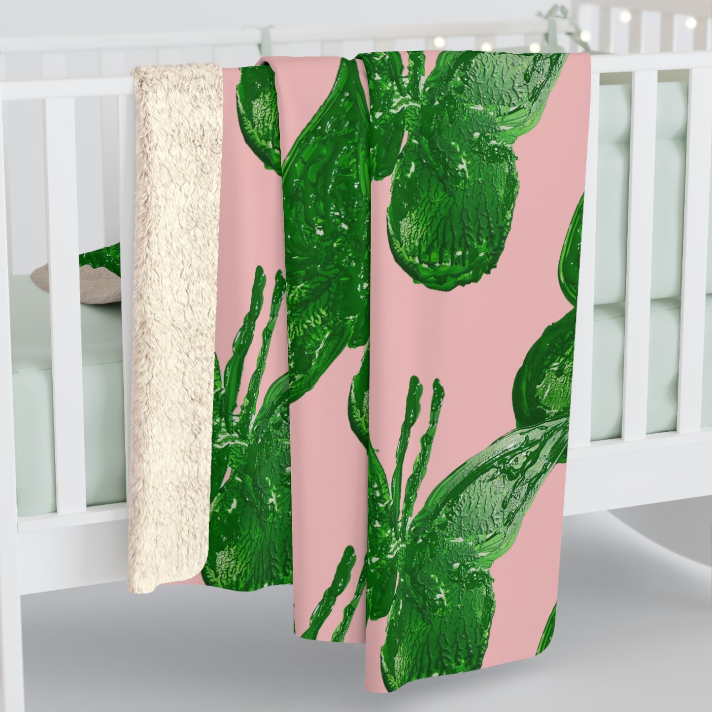 DUSTY PINK WITH GREEN BUTTERFLIES SHERPA FLEECE BLANKET