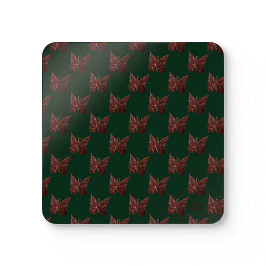 DARK GREEN WITH BROWN BUTTERFLIES CORKWOOD COASTERS