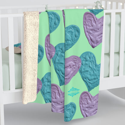MINT GREEN SHERPA FLEECE PASTEL HEARTS BLANKET