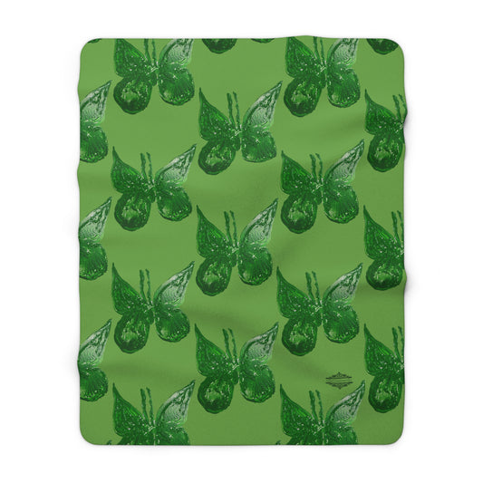 GREEN BUTTERFLIES ON GREEN SHERPA FLEECE BLANKET