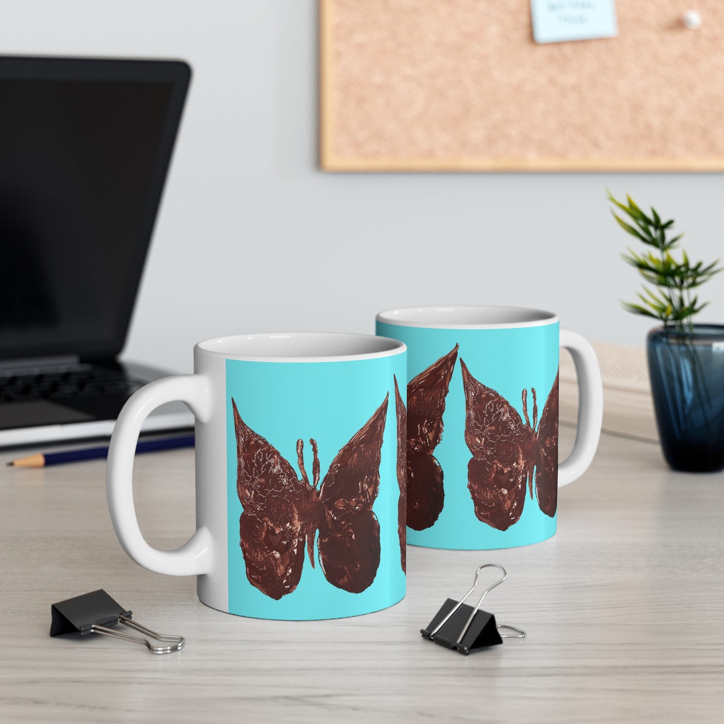 BRIGHT BLUE WITH BROWN BUTTERFLIES MUG