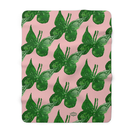 DUSTY PINK WITH GREEN BUTTERFLIES SHERPA FLEECE BLANKET