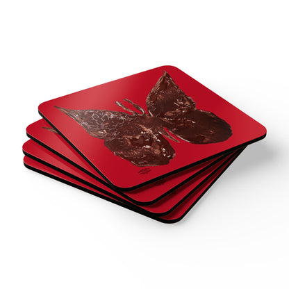 BROWN BUTTERFLY ON RED CORKWOOD COASTER SET