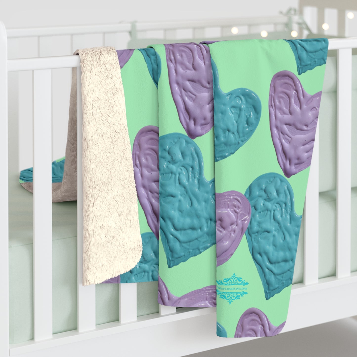 MINT GREEN SHERPA FLEECE PASTEL HEARTS BLANKET