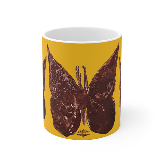 BROWN BUTTERFLY ON YELLOW MUG