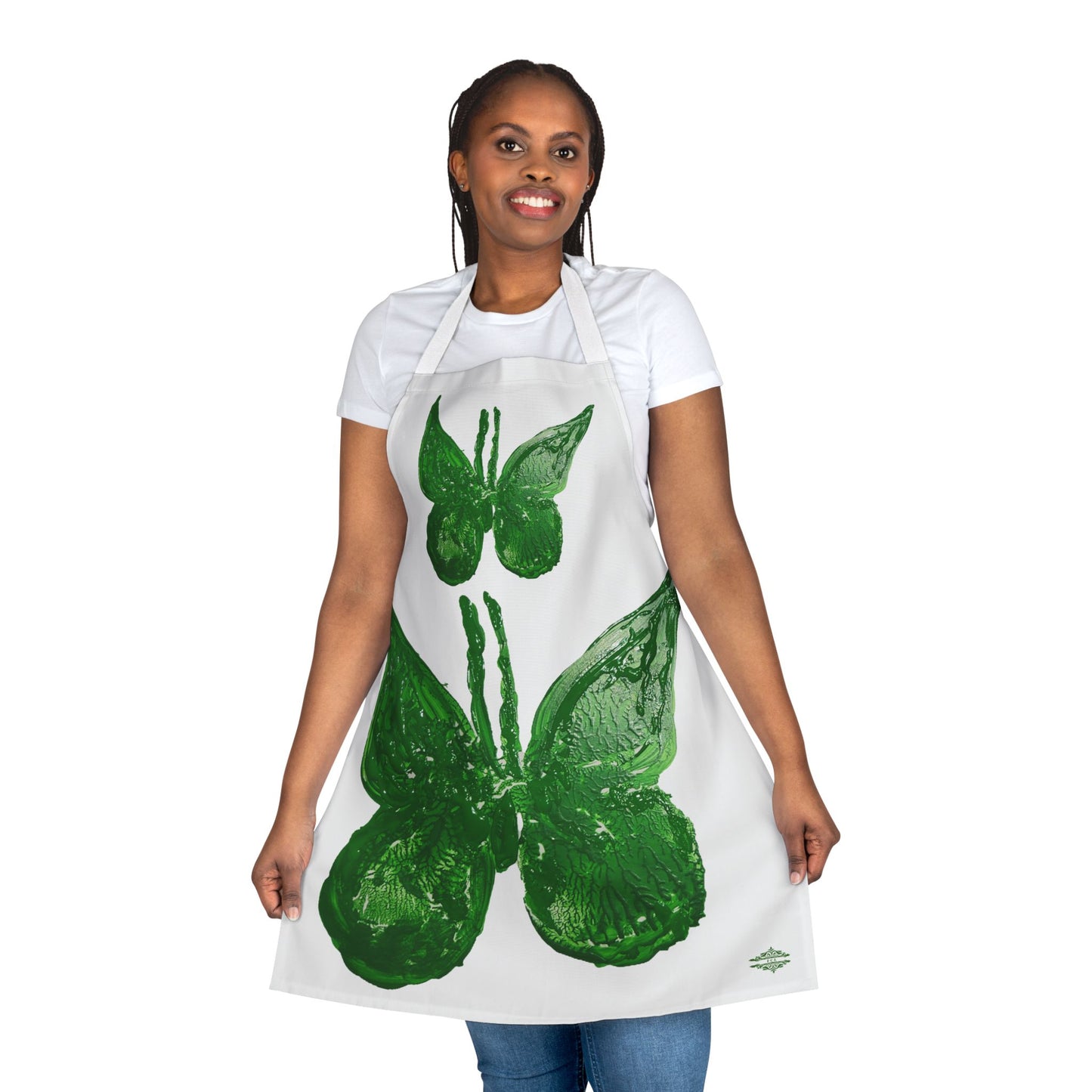 WHITE APRON WITH SPRING GREEN BUTTERFLIES
