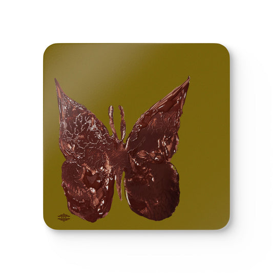 OLIVE WITH BROWN BUTTERFLY CORKWOOD COASTER SET