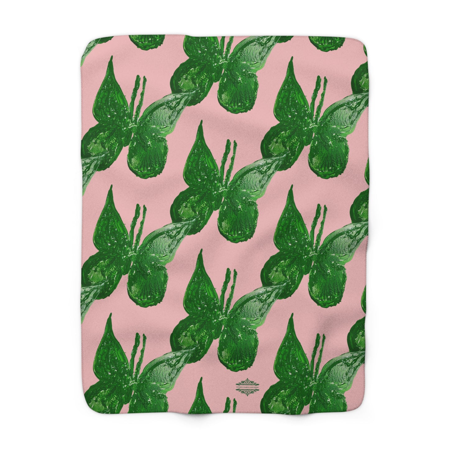 DUSTY PINK WITH GREEN BUTTERFLIES SHERPA FLEECE BLANKET
