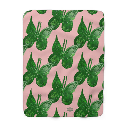 DUSTY PINK WITH GREEN BUTTERFLIES SHERPA FLEECE BLANKET