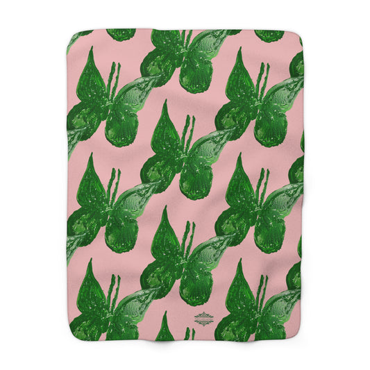 DUSTY PINK WITH GREEN BUTTERFLIES SHERPA FLEECE BLANKET