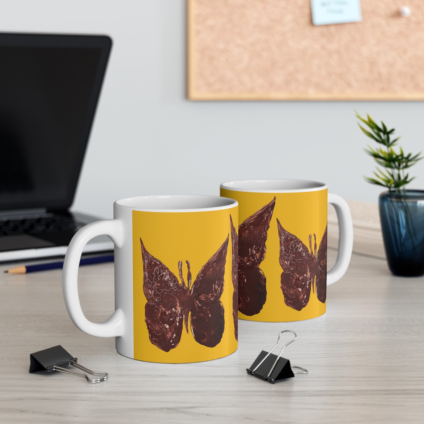 BROWN BUTTERFLY ON YELLOW MUG