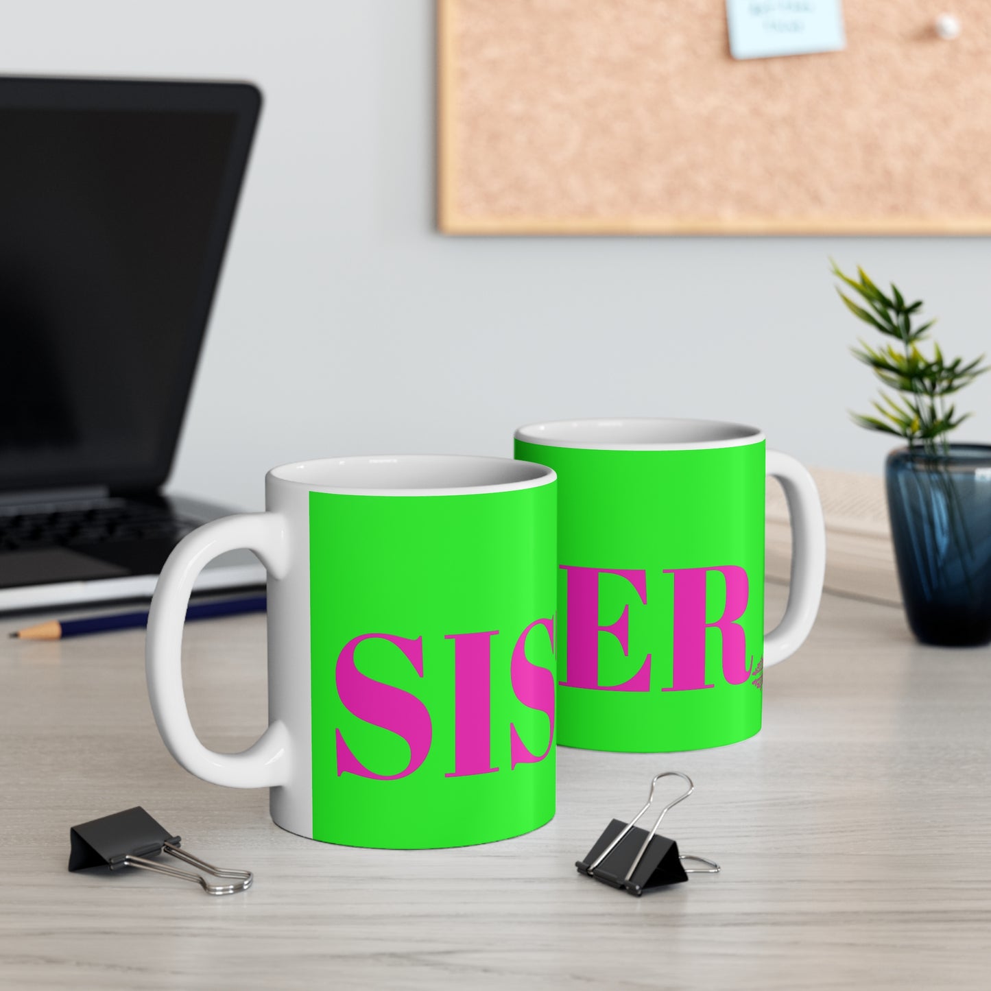 LIME GREEN AND FUSCHIA SISTER MUG