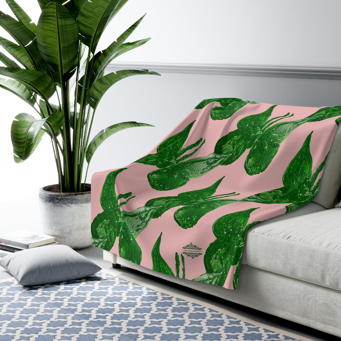 DUSTY PINK WITH GREEN BUTTERFLIES SHERPA FLEECE BLANKET
