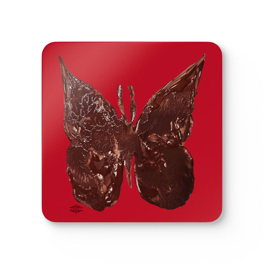 BROWN BUTTERFLY ON RED CORKWOOD COASTER SET